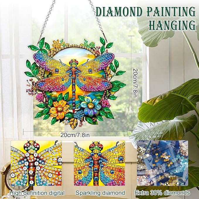 MAXBYE Dragonfly Diamonds Painting Kits Hanging Pendant, Special Shaped Crystal DIY Dragonfly Diamond Art, Diamond Art for Beginners DIY Crafts, Window Pendant Ornament for Home Decoration, 7.8in
