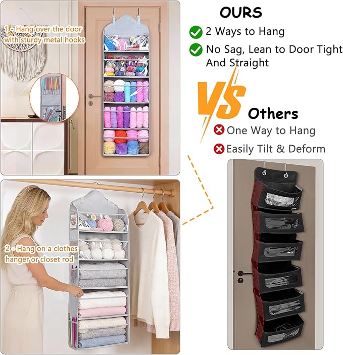 MYBAGZING Hanging Yarn Storage Organizer with Zipper Pockets, 5 Tiers Over the Door & Closet Yarn Holder, Large Crochet & Knitting Organizer with Side Pockets for Hooks, Needles & Accessories