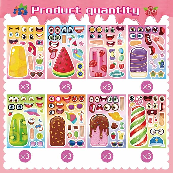 24 sheets ice cream stickers for kids classroom, make your own ice cream sticker, summer stickers birthday party favor, summer craft teacher reward