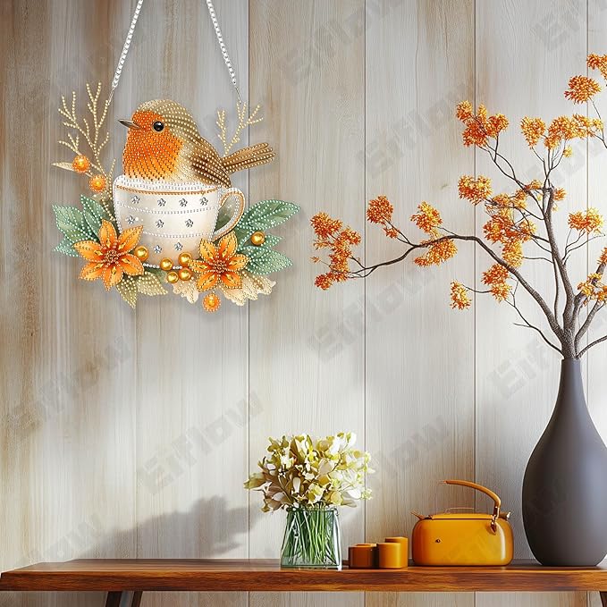 Eiflow Diamond Art Hanging Kit for Adults Fall Bird, DIY Diamonds Painting Door Hanger Board Kit, Special Crystal Diamond Art Painting Pendant Ornament
