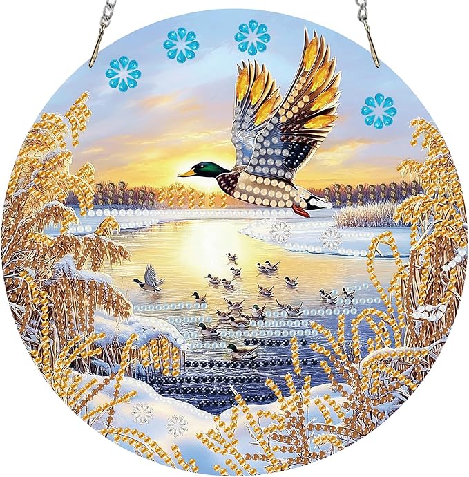 Miwixy Mallard Hanging Diamond Art Kits for Adults,Lakeside Duck Special Shaped Crystal Christmas Diamond Painting Ornament Kit DIY Double-Sided Pattern Window Pendant Gem Art Kit for Home Wall Decor