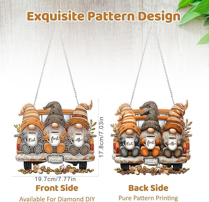 MEIYUDA Coffee Gnomes Diamond Art Hanging Kits for Adult, Truck Gnome Diamond Painting Hanging Kits Ornaments, DIY Special Shaped Rhinestone Window Pendants kit for Home Garden Wall Decor Gift