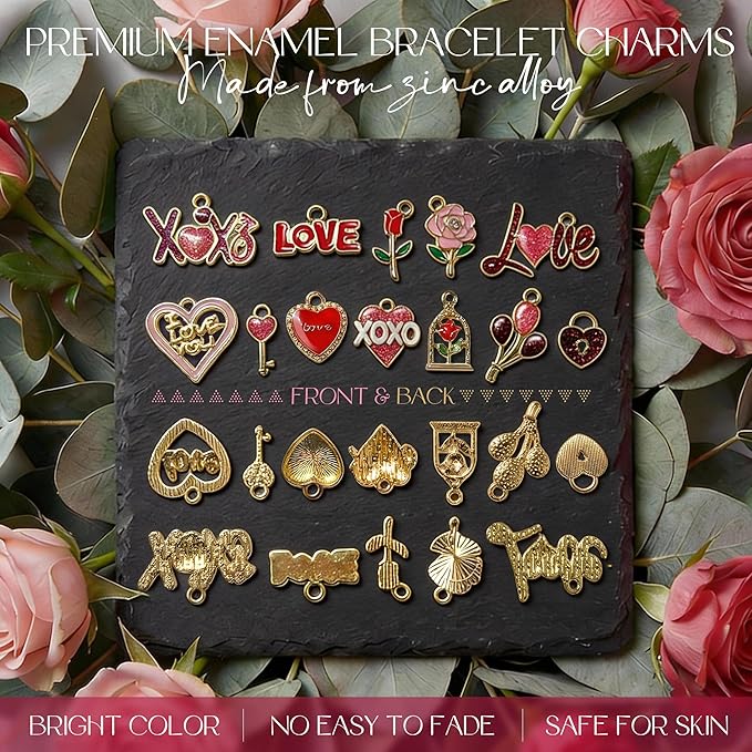 Sistenia Pink Heart Love Charms, Gold Plated Enamel Red Pendants Rose Charms for Bracelets with 50pcs Jump Rings DIY Necklace Keychain Bracelet Earring for Jewelry Making Crafts Gifts for Women
