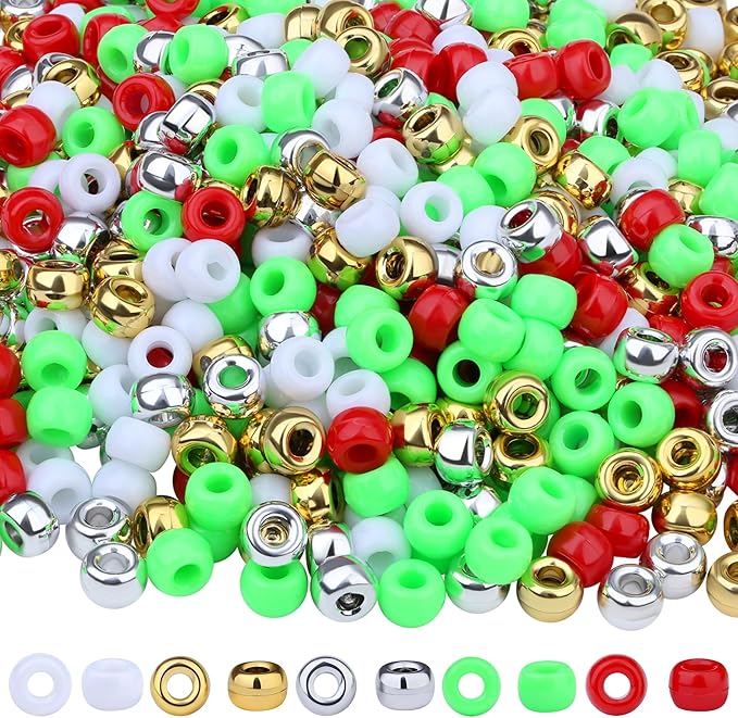 1000 Pcs Christmas Pony Beads Plastic Bead for Bracelets Christmas Beads for Jewelry Making Red Green White Gold Silver Pony Bead for Crafts Suit for 14 Years of Age and Older