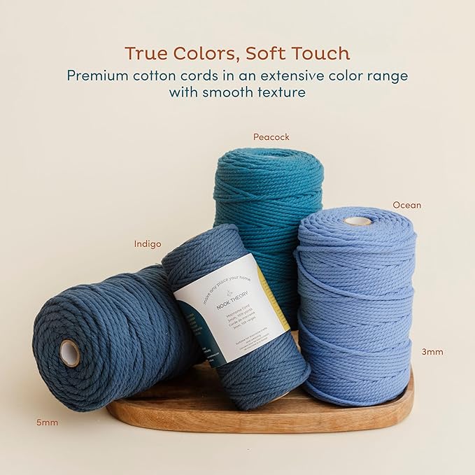 Nook Theory Macrame Cord - 5mm 109 Yards Cotton Rope, 3mm 4mm Yarn, String for Crafts, Perfect for Macrame Wall Hanging and Boho Decorations (Indigo)