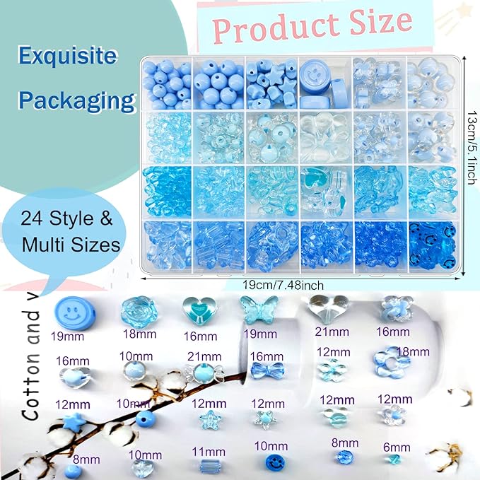 450pcs Blue Acrylic Assorted Beads - Pastel Heart Star Butterfly Smile Face Mickey Cute Aesthetic Bulk for Bracelets Jewelry Making Phone Charm Crafts