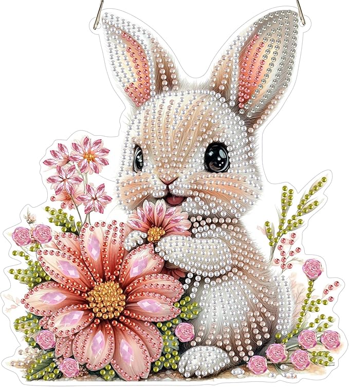 NEWENMO Diamond Art Kit for Adult, Bunny with Flower, Diamond Art Painting Double Sided Window Pendants for Home Garden Wall Hanging, DIY Special Shaped Gem Hanging Ornaments, Easter Bunny