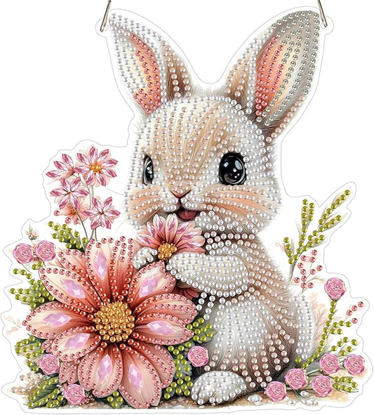 NEWENMO Diamond Art Kit for Adult, Bunny with Flower, Diamond Art Painting Double Sided Window Pendants for Home Garden Wall Hanging, DIY Special Shaped Gem Hanging Ornaments, Easter Bunny