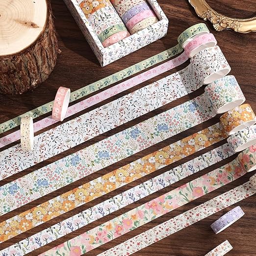 12 Rolls Floral Washi Tape Set - 0.4/0.6/0.8/1.2in Numerous Flowers Design Decorative Tapes for Journaling Scrapbooking Writable Vintage Scrapbook Supplies Letter Gift Craft Tape (Colorful3)