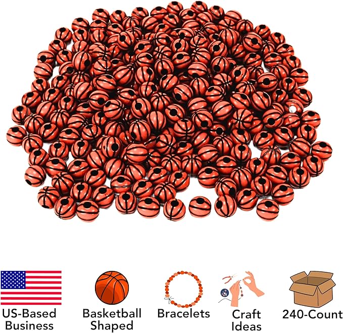 Iconikal 240-Count Acrylic Beads, 12mm Round Plastic Craft Beads for Bracelets, Necklaces, Keychains & Lanyards (Basketball)