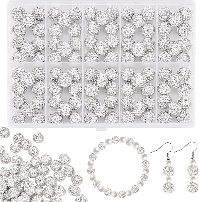 100Pcs 10mm White Rhinestone Beads for Jewelry Making, Shiny Round Disco Ball Sparkly Beads Bulk with 10-Grid Storage Box for DIY Baseball Necklaces Shamballa Bracelets