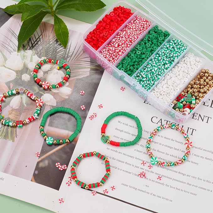 Christmas Clay Beads for Bracelets - 5000 Pcs Christmas Beads, 30 Xmas Charms, 100 Gold Spacer Bead, Red Green Heishi Bead Kit for DIY Christmas-Bracelet Making Kit & Jewelry Crafts
