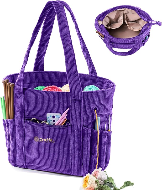 Crochet Bag and Tote - Corduroy Yarn Bag - Yarn Holder for Crocheting - Crochet Storage Bag for Crochet Hooks, Crochet Accessories, Knitting Bag for Crochet Lovers, Mother's Day Gift