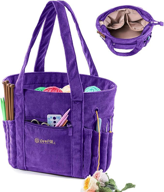Crochet Bag and Tote - Corduroy Yarn Bag - Yarn Holder for Crocheting - Crochet Storage Bag for Crochet Hooks, Crochet Accessories, Knitting Bag for Crochet Lovers, Mother's Day Gift