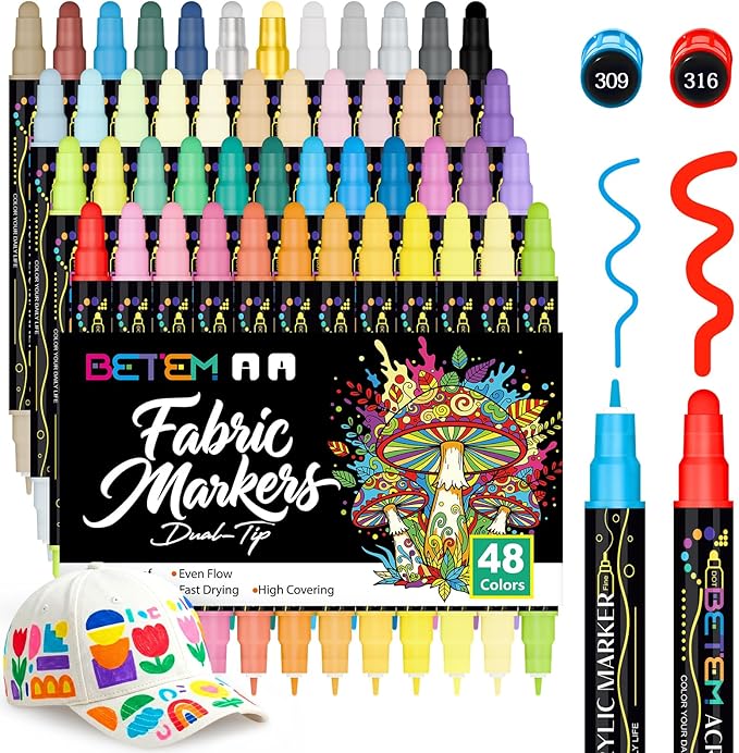 Betem 48 Colors Dual Tip Acrylic Paint Pens Markers, Fabric Decorating Kits Premium Water-Based Acrylic Paint Markers for Fabric, Rock, Wood, Glass, Eggs, Canvas, Ceramic, Easter Basket Stuffers
