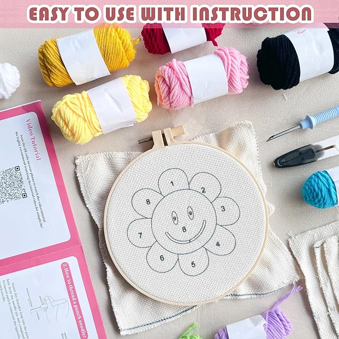 SEREDH Punch Needle Coasters Kit for Beginners Adults Easy Needle Punch Embroidery Kit Set Threader Instruction Fabric Hoop Yarn Tufting Coaster DIY Making,Coaster Holder Coaster Art Craft Supplies