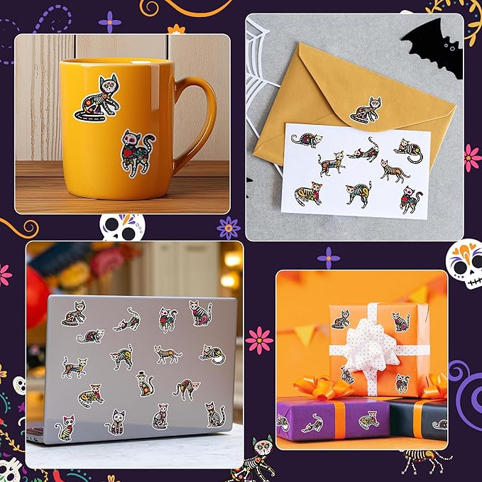 beyumi skeleton cat roll stickers - 1000pcs day of the dead skeleton cat stickers in 2 rolls dia de los muertos decals for kids halloween mexican festival party supplies bottle goodie bags box decor