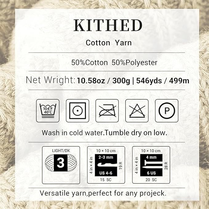 Cotton Yarn，50% Cotton 50% Polyester-10.5oz，546yard，3 Pack ，Soft Yarn for Crocheting and Knitting (01 Milk White)