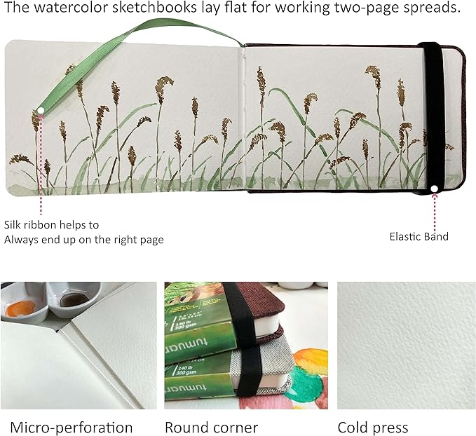 tumuarta Watercolor Journal,140 LB, 300 GSM, 8.25x5.5, Cotton Paper, Cold Press, 24 Sheets, 48 Pages, Watercolor Paper Sketchbooks for Use As Travel Notebook and Mixed Media Pad
