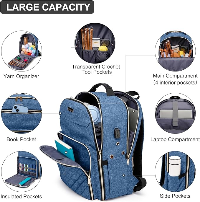 Liokesa Knitting Bag Backpack, Crochet Bag Tote, Large Yarn Storage Tote Bag with USB Charging Port, Yarn Holder Case for Carrying Projects, Knitting Needles, Yarn Supplies, Blue