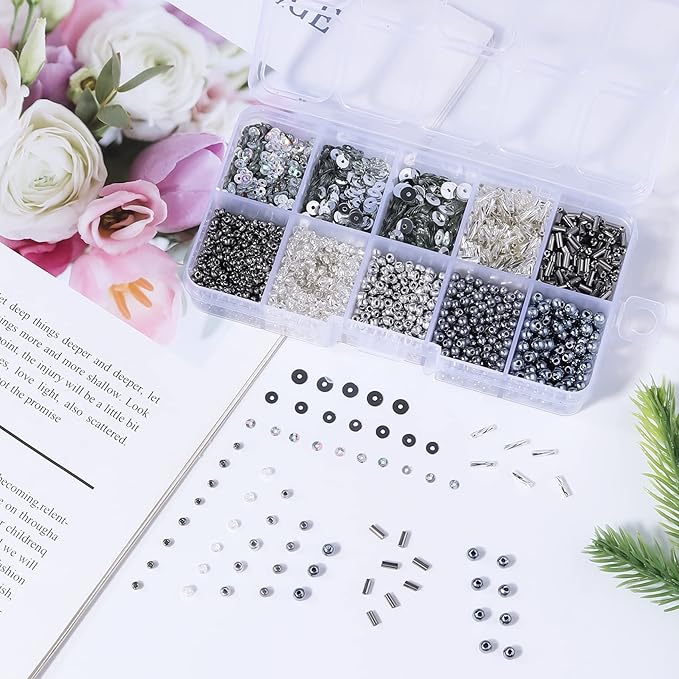 Assorted Beads for Jewelry Making, Glass Seed Bugle Tube Beads Loose Sequins Multiple Sizes for Crafts Sewing Jewelry Making