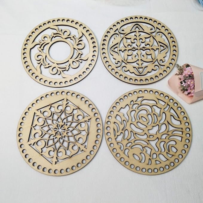 Set of 4 Wooden Base Wood Bottoms for Crochet Basket Wooden Crochet Accessory Tshirt Yarn Accessory T Shirt Yarn Basket (Styles Mix 2, 18CM)