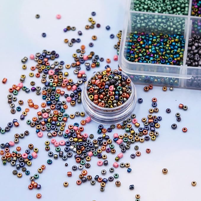 EuTengHao 8/0 Glass Seed Beads Kit, 3mm Metal Color Waist Beads, 24Colors Small Pony Beads with String for Bracelet Necklace Earring Jewelry Making (14405PCS, 600 Per Color)
