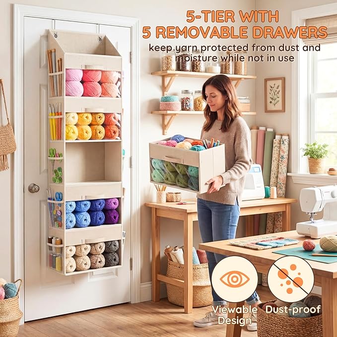 Ofiray-home Hanging Yarn Storage Organizer with 5 Drawers, Over the Door Large Capacity Knitting Organizer Storage&10 Mesh Side Pockets, Hanging Yarn Holder for Knitting Needles, Crochet Hooks- Beige