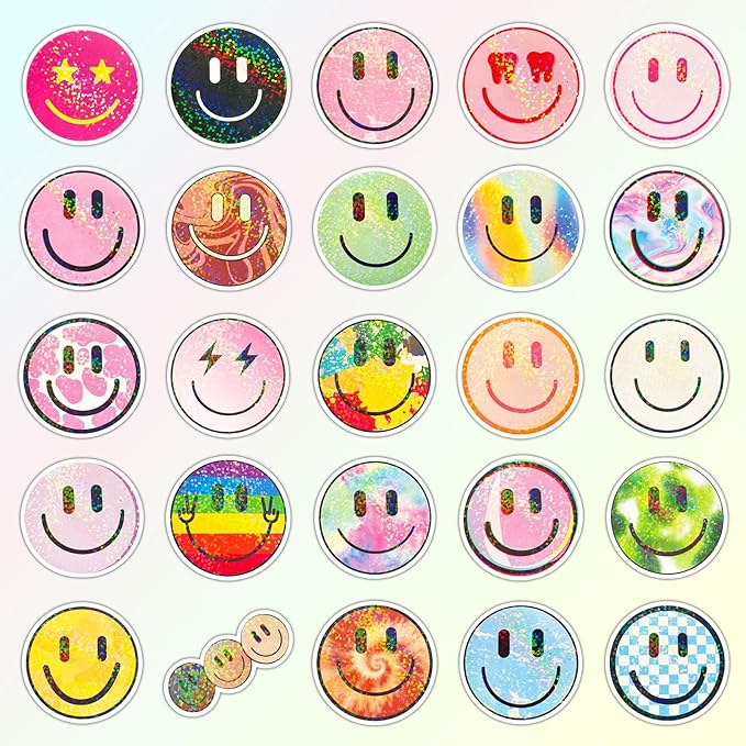 wercokt 50pcs smiling glitter stickers, cute water bottle stickers for kids, for teaching rewards, notebooks, stationery, luggage, cartoon pvc happy sticker