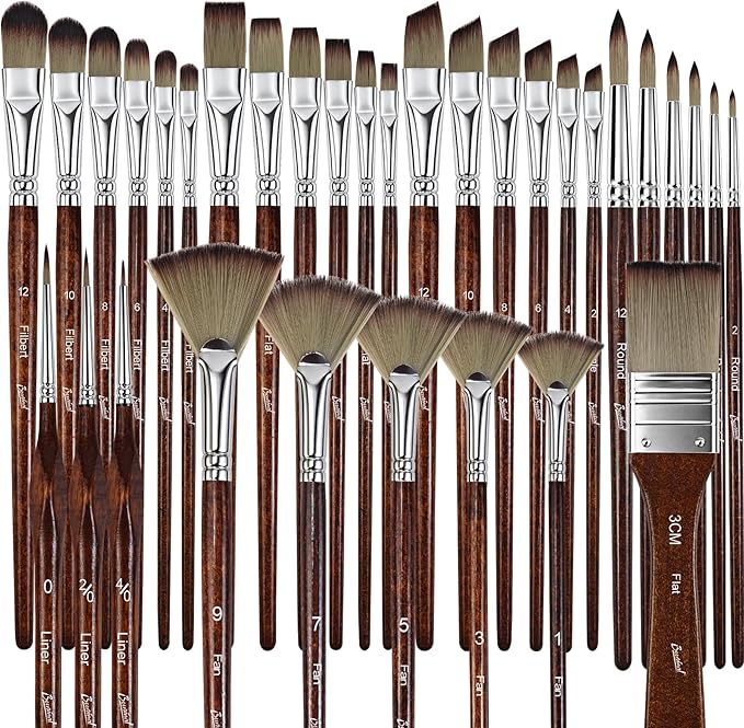 Bougimal 33 Pcs Paint Brush Set, Artist Paint Brushes for Acrylic Painting, Oil, Watercolor, Gouache, with Flat Round Filbert Fan Angle Detail Brush, Suitable for Artists and Beginners (Tawny)