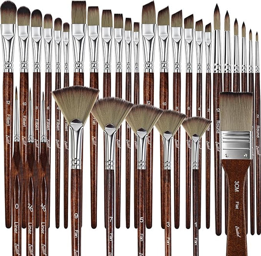 Bougimal 33 Pcs Paint Brush Set, Artist Paint Brushes for Acrylic Painting, Oil, Watercolor, Gouache, with Flat Round Filbert Fan Angle Detail Brush, Suitable for Artists and Beginners (Tawny)