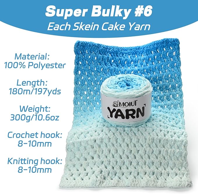 Blanket Perfect Ombre Cake Yarn - Baby Yarn for Crocheting Soft - 3 Pack of 10.6oz/300g - #6 Super Bulky - 197 Yards for Knitting, Crafts & Amigurumi, Chunky Chenille Yarn(3 Sea Blue)
