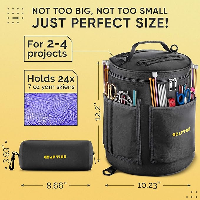 CRAFTISS Knitting Bag Yarn Storage - Crocheters Gift - Durable Canvas Yarn Holder for Crochet Accessories - Organizer Crochet Bag with Knitting Accessories Case (Black)