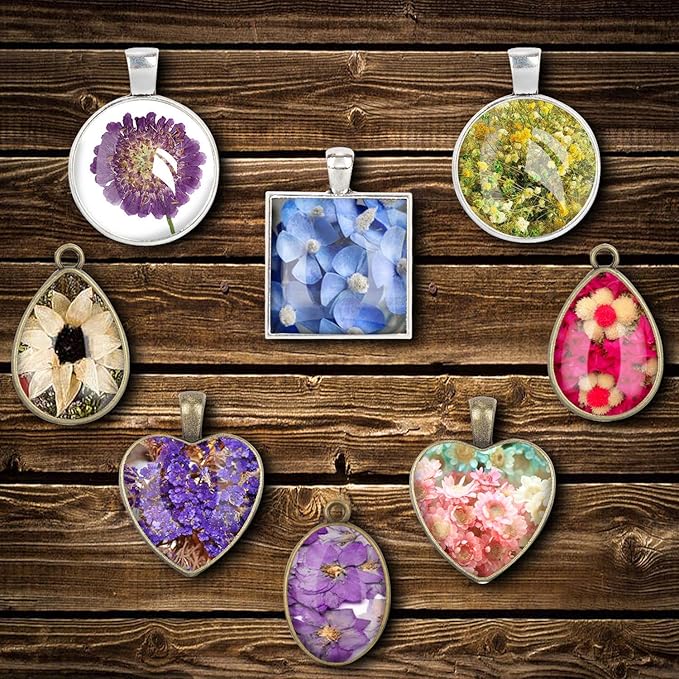 HOMEIDOL Resin Jewelry Molds Pendant Trays Making Kit with 30Pcs 5 Styles Metal Pendant, 1Pc Silicone Epoxy Molds, Earring Posts, Dried Flowers,Wax Rope Necklace, Finger Protector and Tweezers
