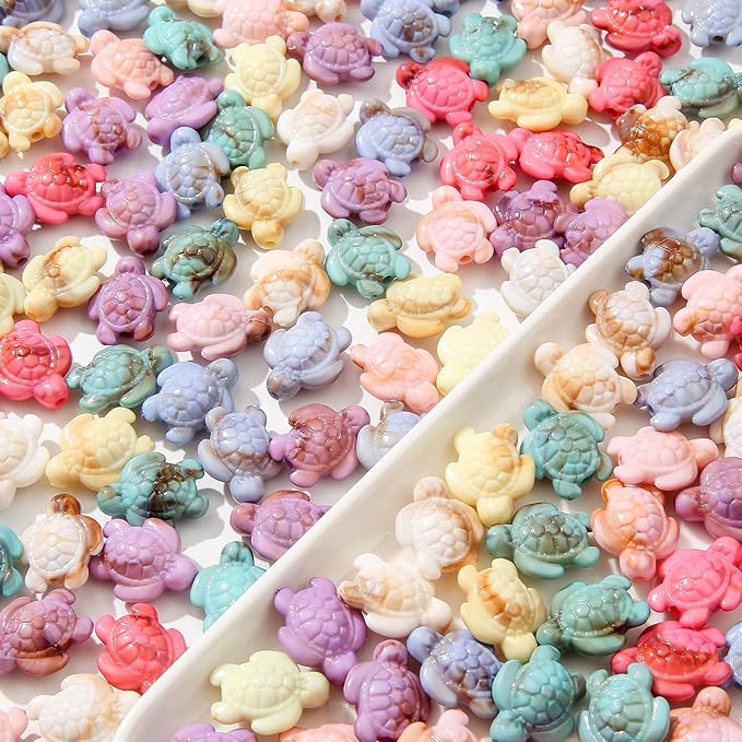 200pcs Acrylic Turtle Beads Ocean Sea Theme Turtle Charms Summer Hawaii Beaded for Jewelry Making Beading Kit Bracelets DIY Supplies (Color Turtle)