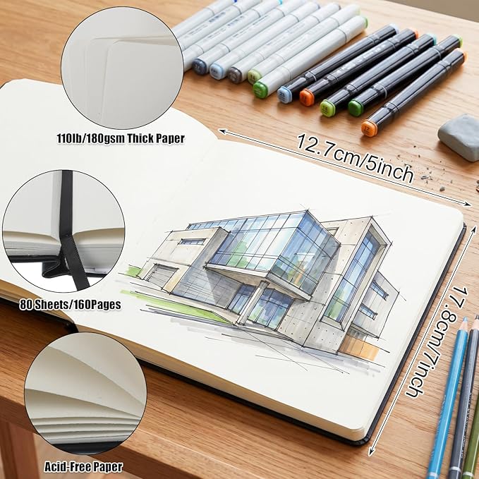 Hardcover Sketch Book, 110lb/180GSM Sketchbook for Drawing Painting, 160 Pages/80 Sheets Sketch Pad, 5×7 in Drawing Book Art Supplies for Teens, Adults, Artists
