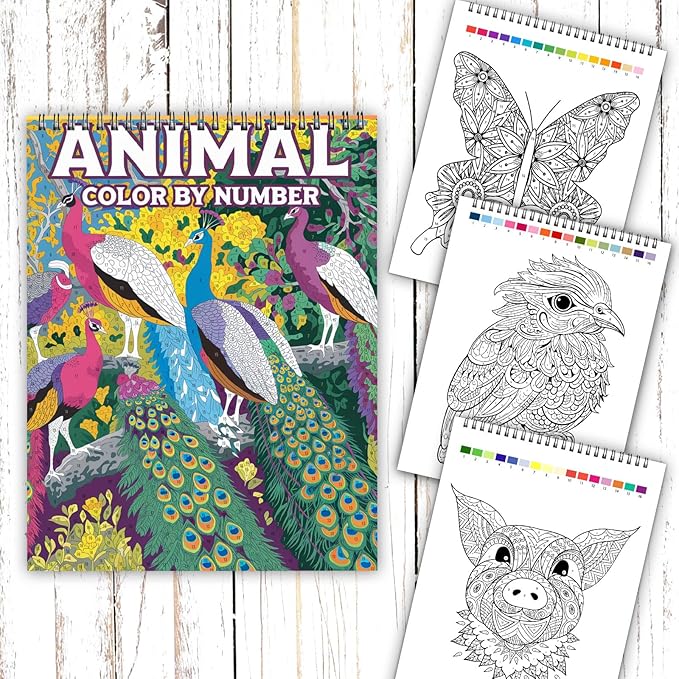 Ilyever 3 Pack Color by Number,Stress Relief Coloring Books for Adults,Spiral Bound Coloring Books for Women,Include 60 Patterns of Butterfly, Flowers,Animals for Adult Relaxation