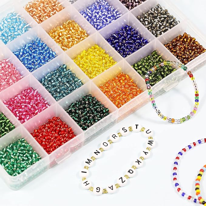 Bala&Fillic Size 3mm Seed Beads About 7200pcs in Box, 8/0 Glass Silver Lined Seed Beads for Making Bracelet Necklace Earring Jewelry (About 300pcs/Color, 24 Colors)