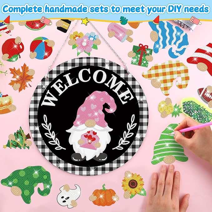 33 Pcs Magnetic Diamond Art Set Interchangeable DIY Gnome Diamond Painting Decor Detachable Welcome Sign Seasonal Door Hanger Gnome Party Decorations Gift for Home Wall Front Door(Cute)