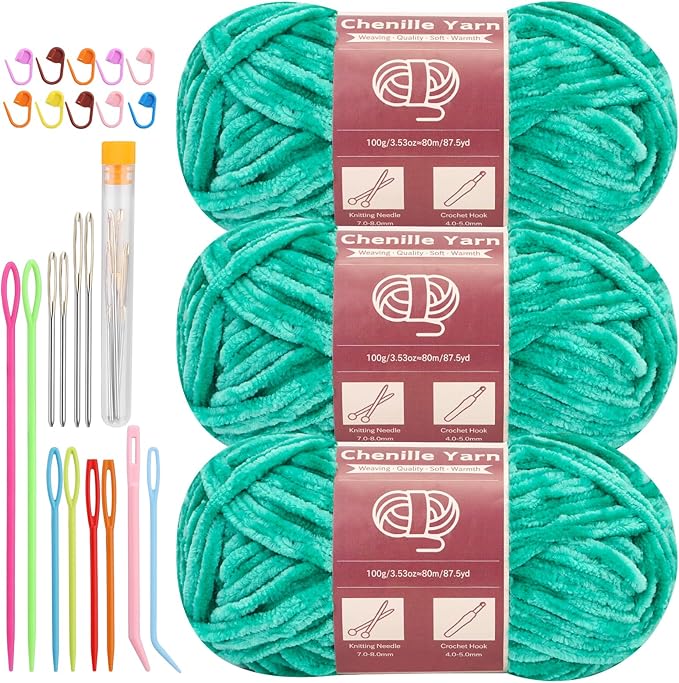 LUNARM Chenille Yarn for Crocheting Knitting, 3 Skein 263 Yard Thick Soft Chunky Fluffy Weaving Plush Yarn for Blankets Clothes Pattern Creations with Big Eye Needles (Jade Green)