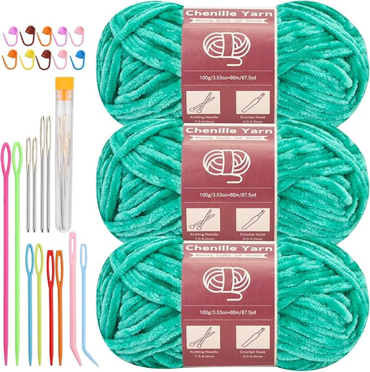 LUNARM Chenille Yarn for Crocheting Knitting, 3 Skein 263 Yard Thick Soft Chunky Fluffy Weaving Plush Yarn for Blankets Clothes Pattern Creations with Big Eye Needles (Jade Green)