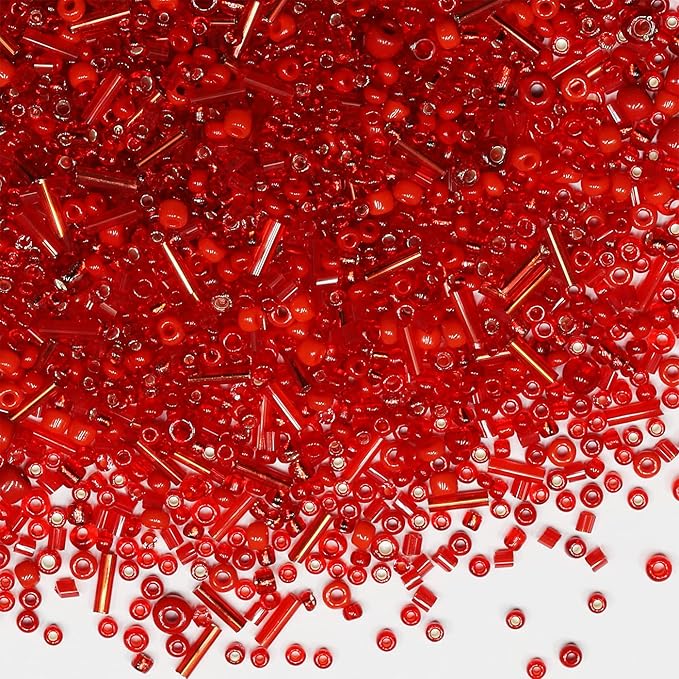 100g Mix Tube Beads Bugle Beads,3800+pcs Glass Bulk Spacer Multi Size 2-6mm Kit for Jewelry Making DIY Craft Bracelets Necklace Earring Making (Red Mixed)