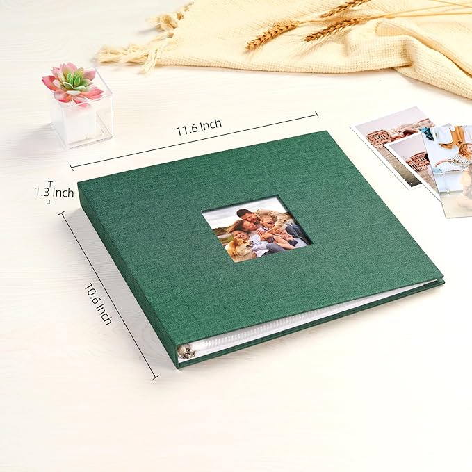 Mublalbum 10x10 Inch DIY Scrapbook Photo Album with 20 Plastic Sleeves 40 Pages Linen Cover 3 Ring Folder Binder for Wedding Baby Family and DIY Projects (Dark Green)