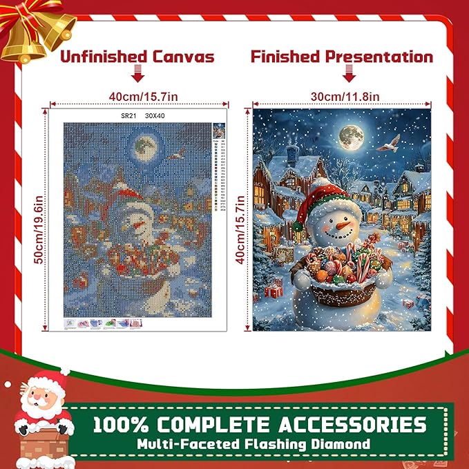 EMIEAUFG Christmas Diamond Art Kits for Adults, Christmas Snowman Candy Diamond Paiting Kit for Beginners, 5D DIY Round Full Drill Craft Diamond Dot Gem Art, Home Wall Decor 12" x 16"
