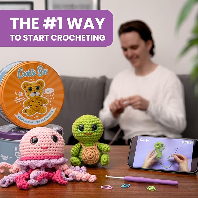 Cookie Box Original Crochet Kit for Beginners – Gift Set to Make Koala Coal Amigurumi Plushie – Easy DIY Crochet & Knitting Starter Kit with Video and PDF Tutorials