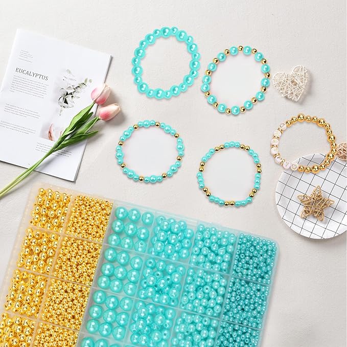 2116 PCS Pearl Beads for Bracelet Making Kit Gold Beads for Jewelry Making Kit Gold Small Spacer Bead Light Blue Pearl Bead for Crafting Charms Necklace Earrings DIY Craft for Women Adult