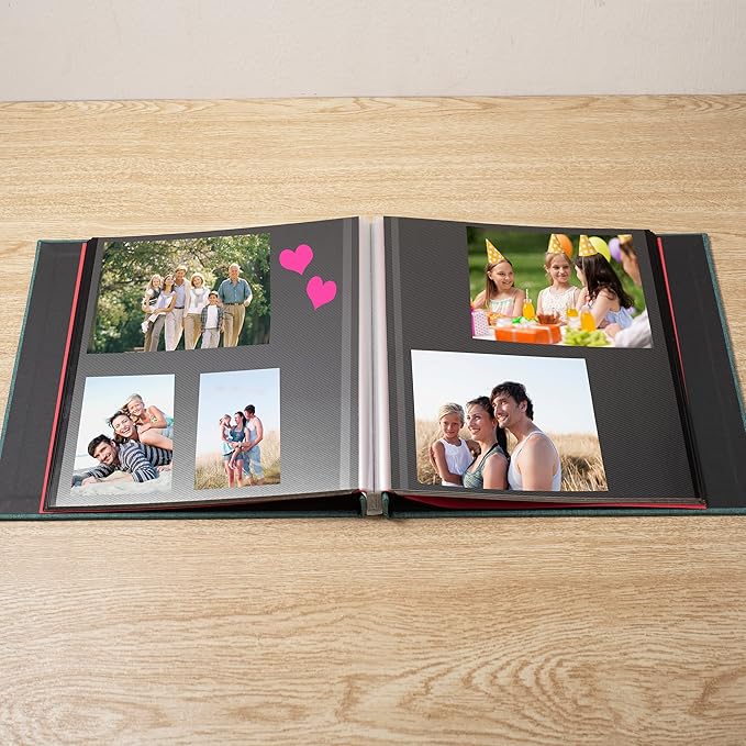 Large Photo Album Self Adhesive 4x6 8x10 10x12 13"x12.6" Scrapbook Album 12.6"x11" Inch 60 Black Sticky Pages Linen Cover Magnetic Photo Album with A Metallic Pen and DIY Stickers(Dark