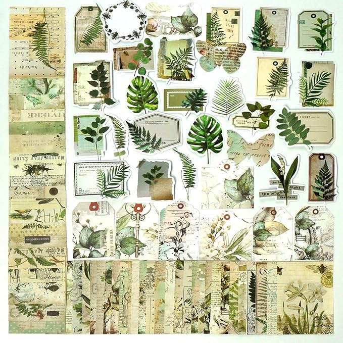 200 Pcs Vintage Ephemera Bundle Junk Journal Kit Scrapbook Supplies Paper Sticker Material Pack Scrapbooking Kit for Art Journaling Bullet Journals Planners Collage Decoupage Crafter Gifts(Greenery)