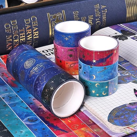 Galaxy Purple Washi Tape - Gold Foil Washi Masking Tape with Constalation, Blue Sky, Moon, Star, Celestial, Perfect for Bullet Journal, DIY Crafts