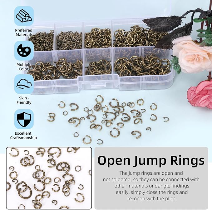 Glarks 1403Pcs 10mm 5mm 4mm 7mm 8mm Open Jump Rings Kit, Iron Round Ring Connectors Nickel Free Bronze O Rings for Jewelry Making Connectors and Necklace Repair